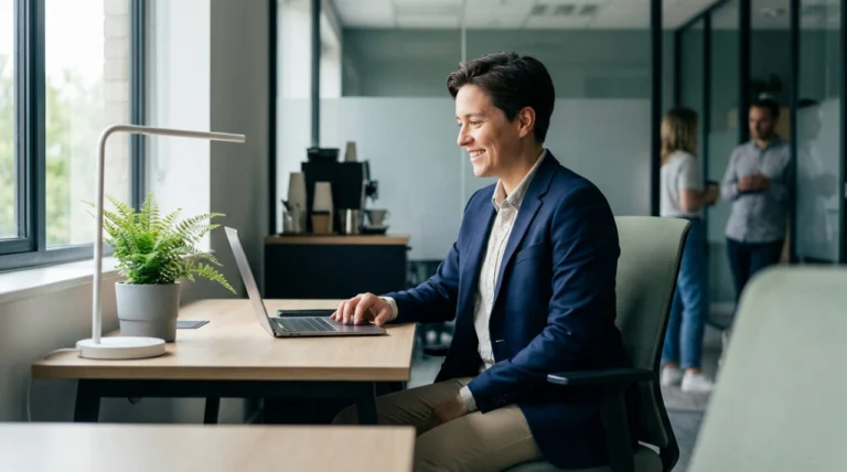 Femme souriante travaillant sur un ordinateur portable au bureau, avec plante et fenêtre.