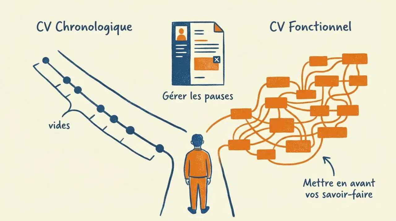 Comparaison entre un CV chronologique et un CV fonctionnel pour masquer un trou dans son parcours