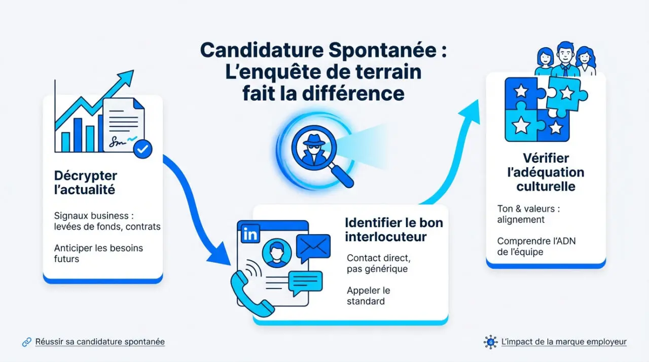 Infographie résumant les étapes clés pour réussir une candidature spontanée efficace