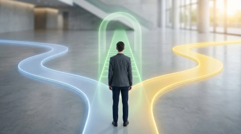 Homme de dos face à trois chemins lumineux (bleu, vert, jaune) sur un sol en béton, symbolisant des choix de carrière.