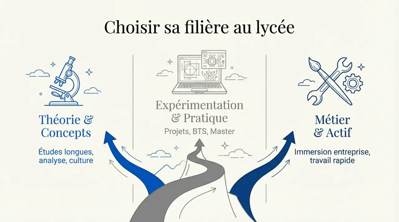 Trois lycéens discutant de leur orientation entre les filières générale, technologique et professionnelle