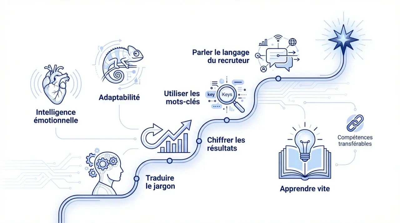 Schéma illustrant les étapes d'un parcours de transition professionnelle réussi