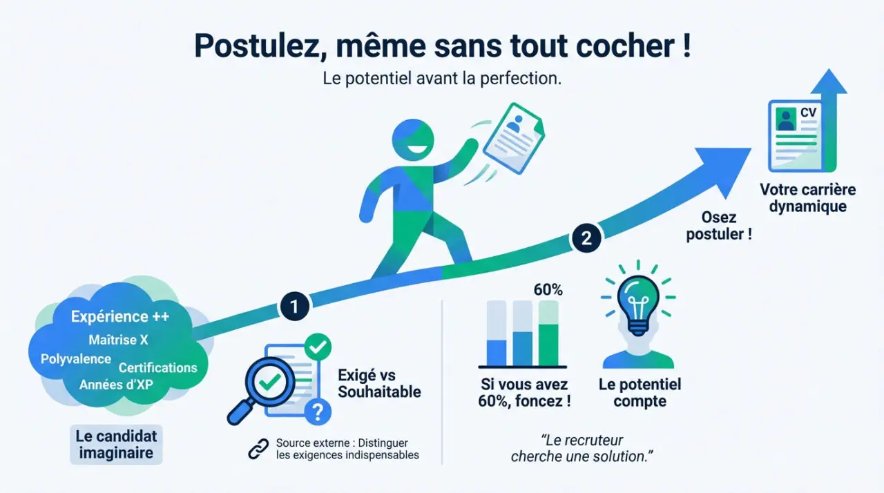 Candidat confiant analysant une offre d'emploi avec des cases partiellement cochées