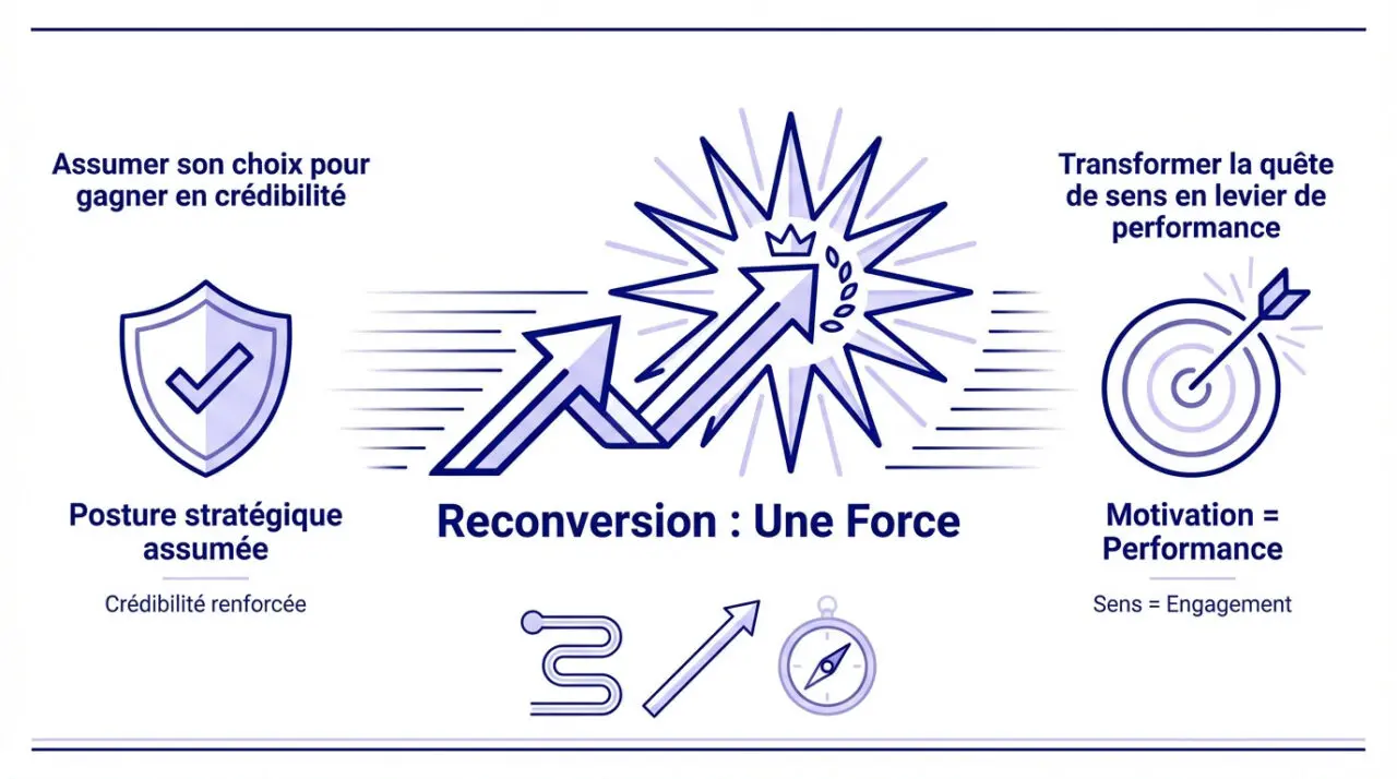 Candidat serein présentant son parcours de reconversion lors d'un entretien d'embauche